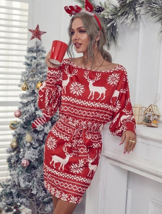 Christmas Print Long Sleeve Casual Dress