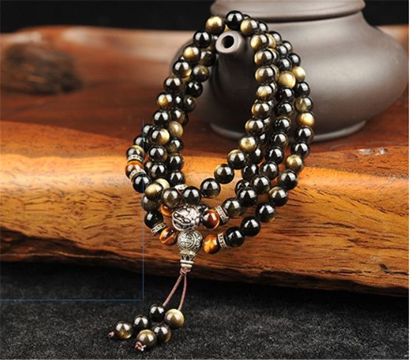 Natural Gold Obsidian Bracelet 108 Buddha Beads With Tibetan Silver Round Beads