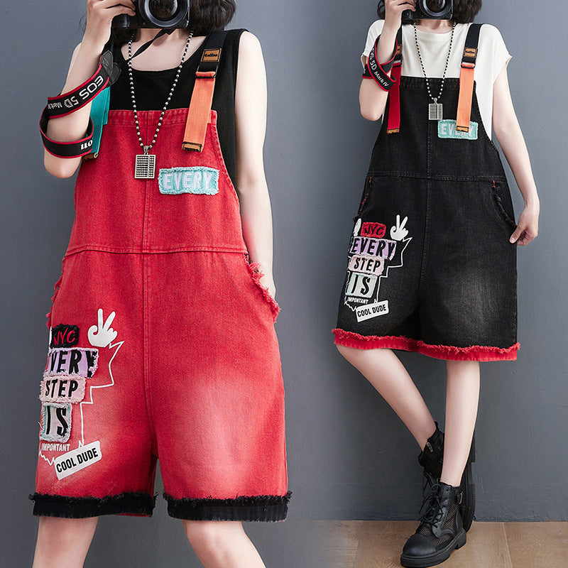 Large Size New Fashion Embroidered Denim Overalls Shorts Women