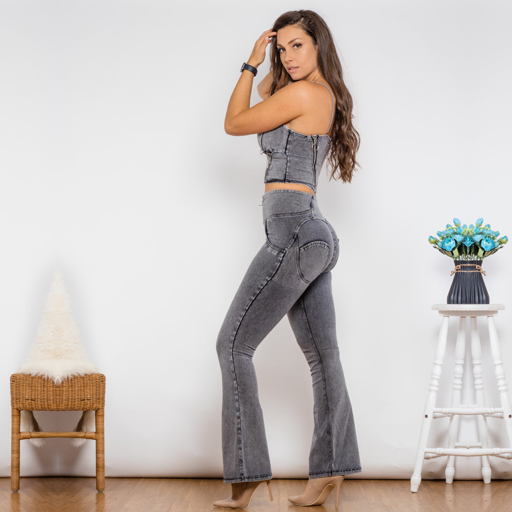 Shascullfites Shaper Suit Bodysuit Zipper Push Up Top Grey Jeans Top High Waist Flare Jeans Set Woman 2 Pieces