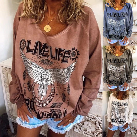 Women Loose Round Neck Printed Sweater