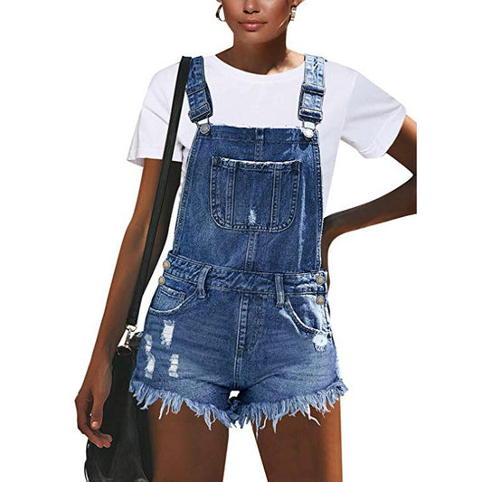 European And American Ripped Suspender Denim Hole Jumpsuit