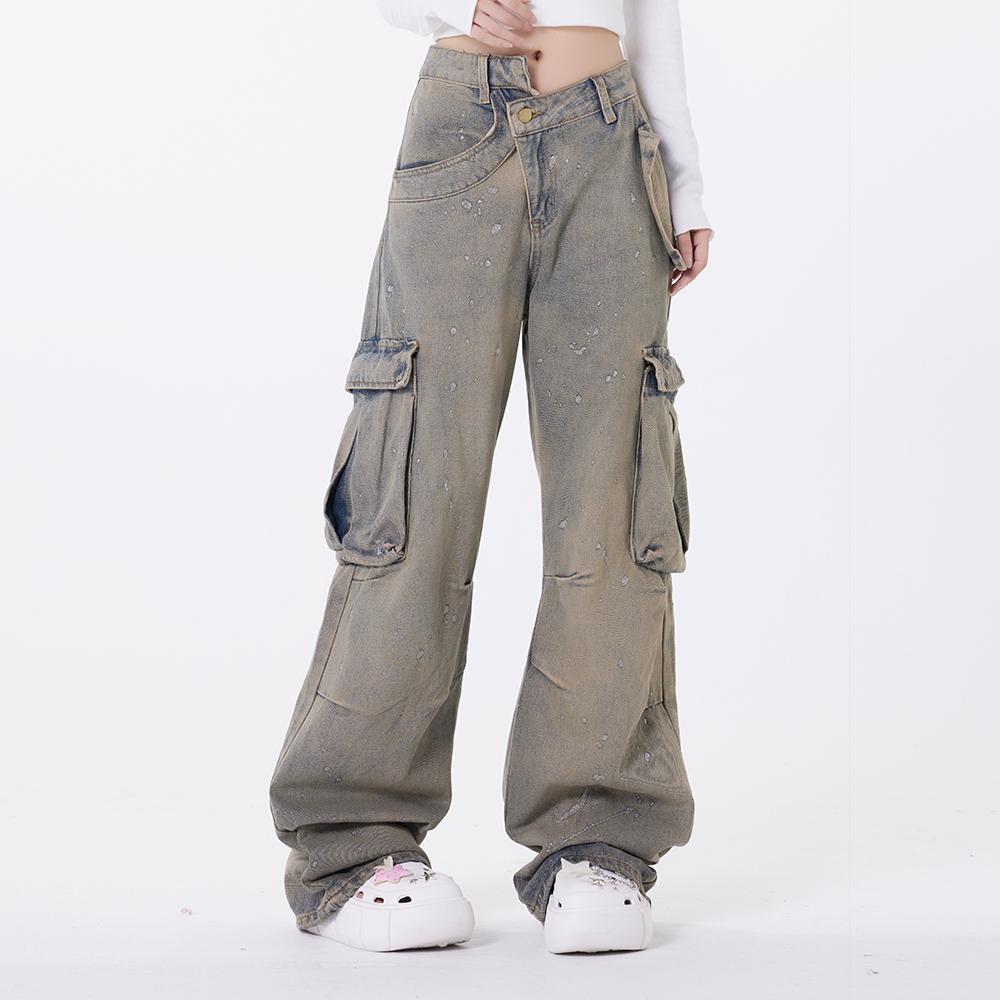 Niche Design Sense National Fashion Workwear Denim Wide Leg Pants Men's High Street Wash Water Do Old Splash Straight Pants