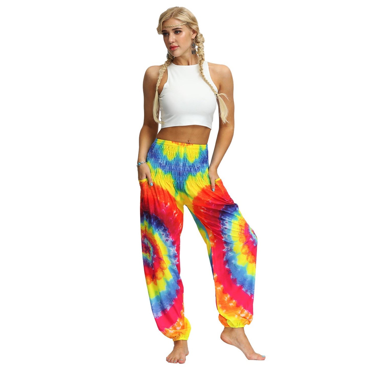 Source Manufacturers Tie-dye Women's Loose Plus Size Yoga Pants European And American Fashion Belly Dance Bloomers Fitness Dance Pants