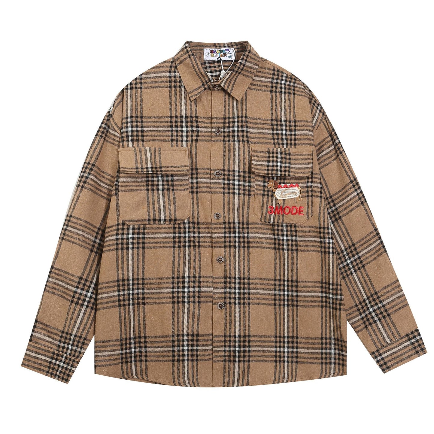 Japanese Style Vintage Plaid Dachshund Dog Embroidered Long-sleeved Shirt Autumn Loose Men's And Women's All-match Trendy Shirt