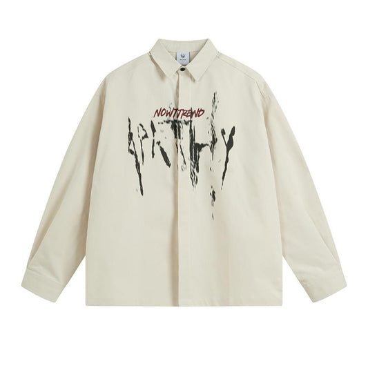 High Street Dark Graffiti Letter Printing Long Sleeve Shirt Spring And Autumn Men's Casual Loose Lapel Japanese Style Shirt Trend