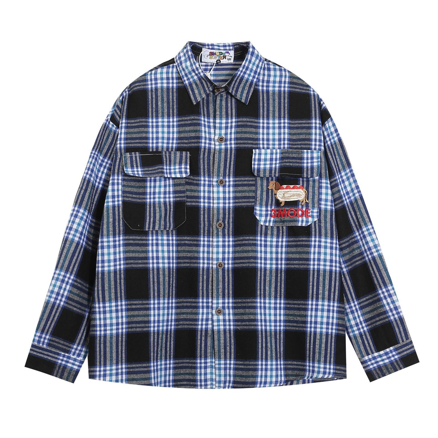 Japanese Style Vintage Plaid Dachshund Dog Embroidered Long-sleeved Shirt Autumn Loose Men's And Women's All-match Trendy Shirt