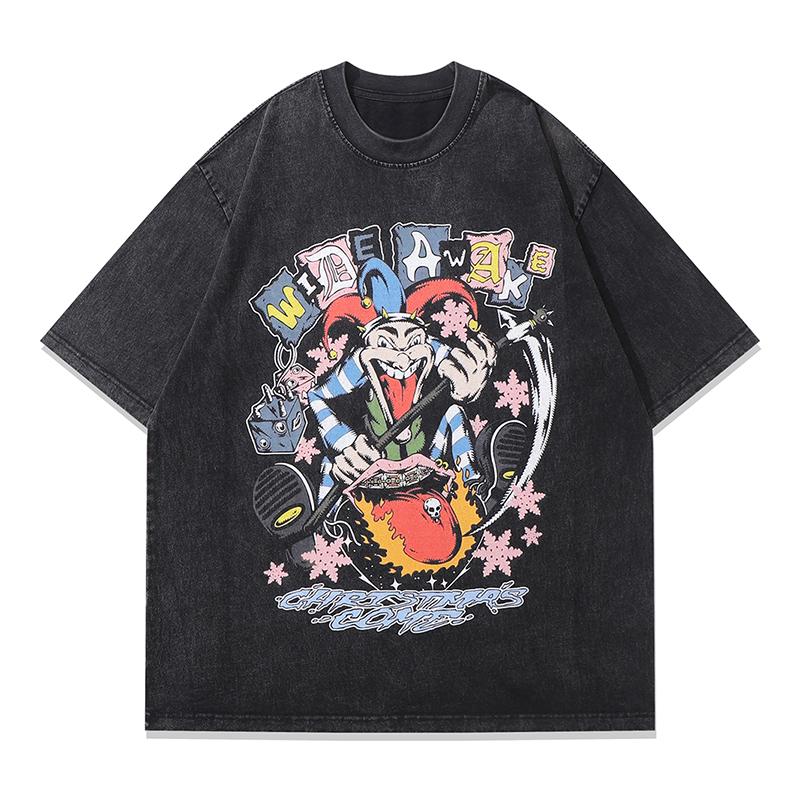 Streetwear T Shirts Vintage Cotton Washed Loose Trendy Circus Clowns Print Tee Short Sleeve Casual O Neck Summer