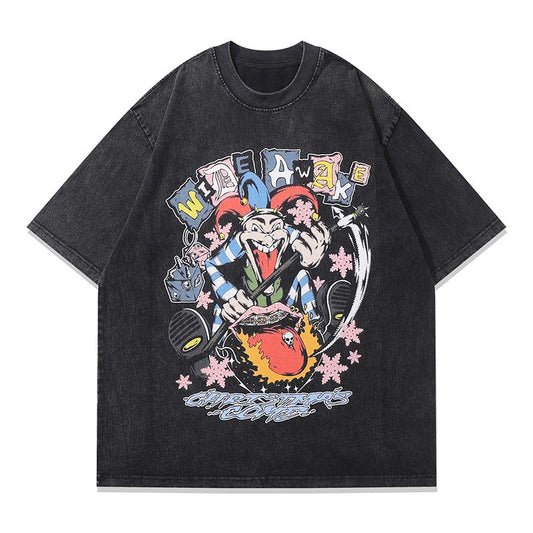 Streetwear T Shirts Vintage Cotton Washed Loose Trendy Circus Clowns Print Tee Short Sleeve Casual O Neck Summer