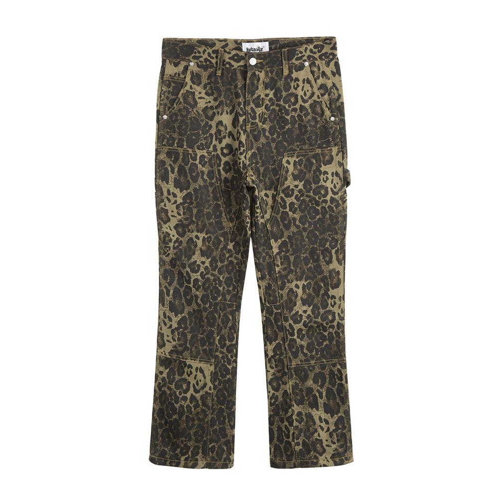 Leopard-print Micro-logwood Pants Men's European And American-style Fashion Design Sense Stitching Split Loose Wide-leg Work Denim Pants