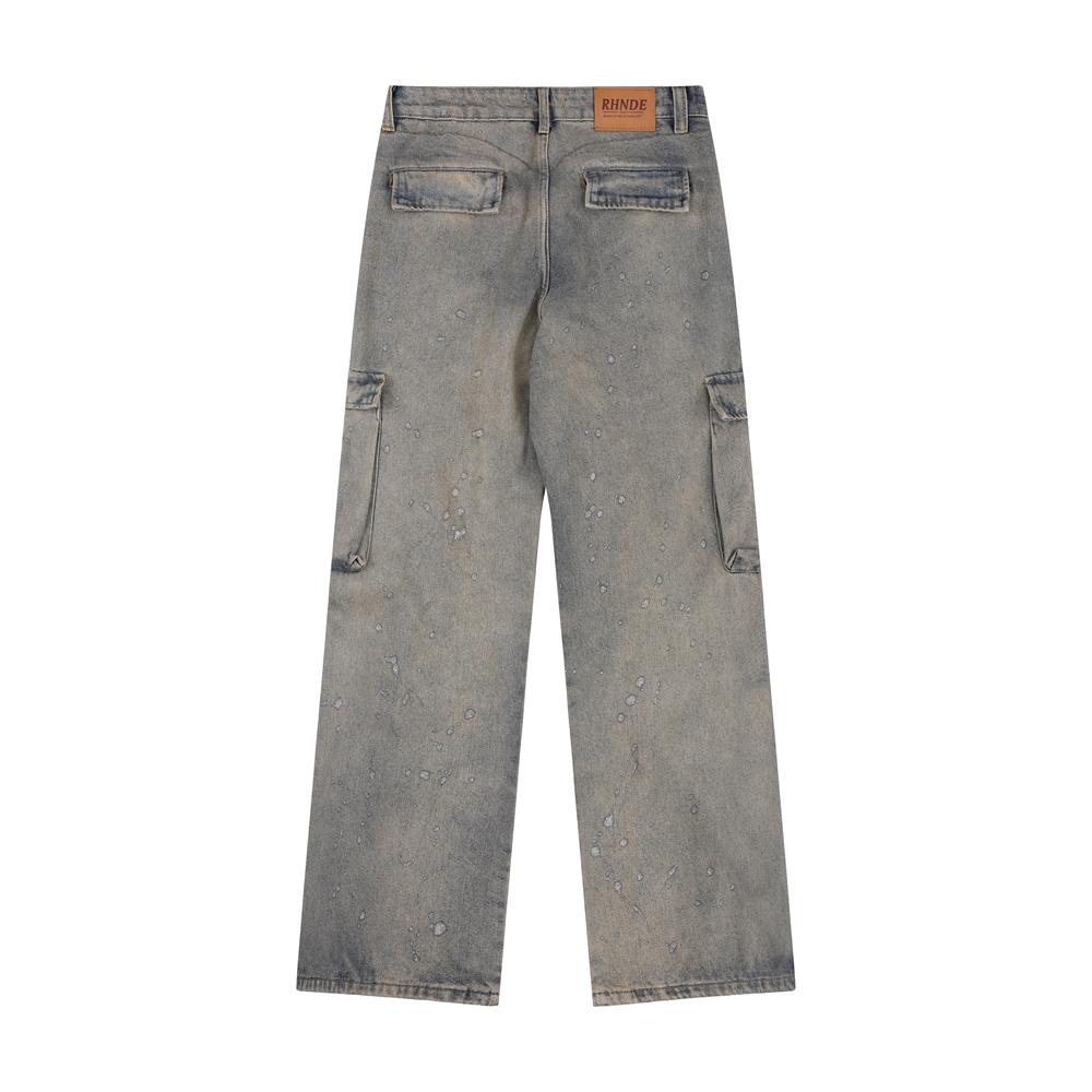 Niche Design Sense National Fashion Workwear Denim Wide Leg Pants Men's High Street Wash Water Do Old Splash Straight Pants