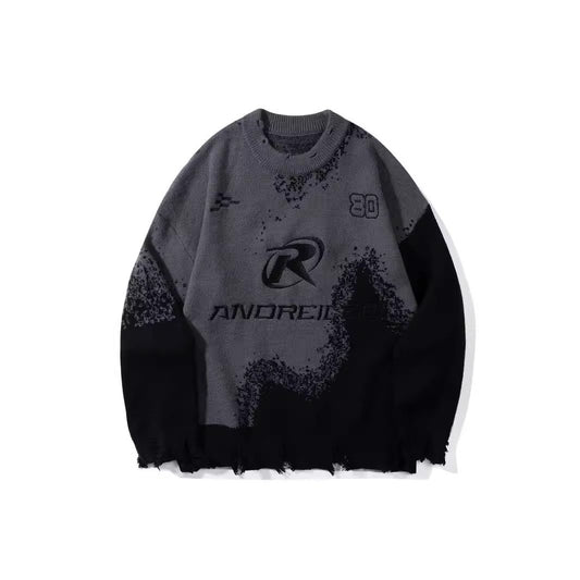 Longitudinal Clothing Society 2024 New Fashion Brand Loose Creative Dark Style Gradient Splash Ink Dye Old Knitted Sweater Loose