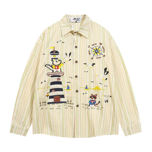 Oversize Fun Embroidered Vintage Vintage Striped Shirt Lazy Style Shirt Top