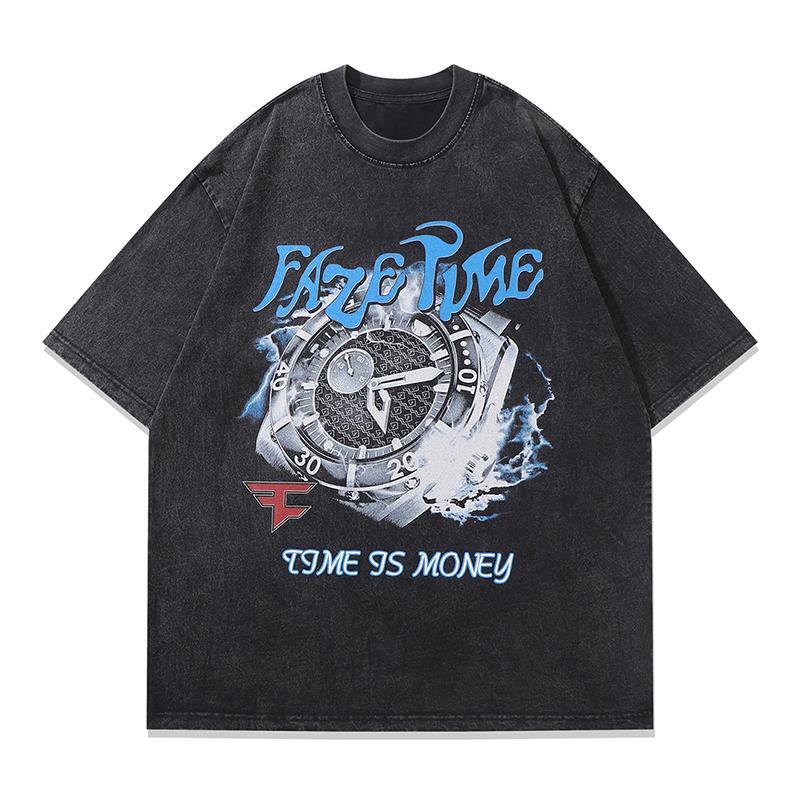 Streetwear T Shirts Vintage Cotton Washed Loose Watch Graphic Print Tee Short Sleeve Casual O Neck Summer Trendy