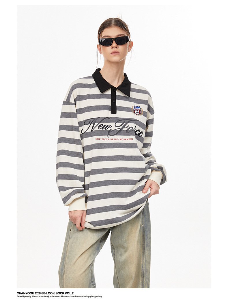 American Style Retro College Style Striped Long-sleeved T-shirt Autumn Fashion Brand Loose Casual POLO Shirt Top