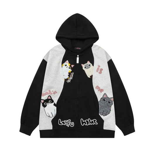 American-style Retro Cat-haunts Cardigan Hoodie Men's And Women's Couples Loose Casual All-match Jacket