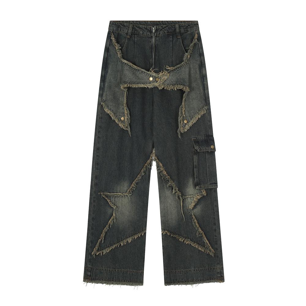 National Fashion Stitching Distinctive Wide-leg Jeans Men's High Street Hip-hop Design Sense Niche Five-pointed Star Trousers