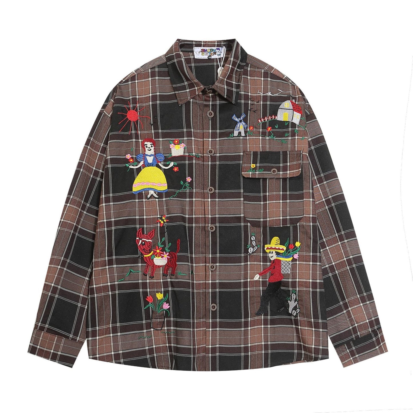 Fun Cartoon Embroidered Plaid Long-sleeved Shirt For Men And Women Autumn Niche Design All-match Shirt