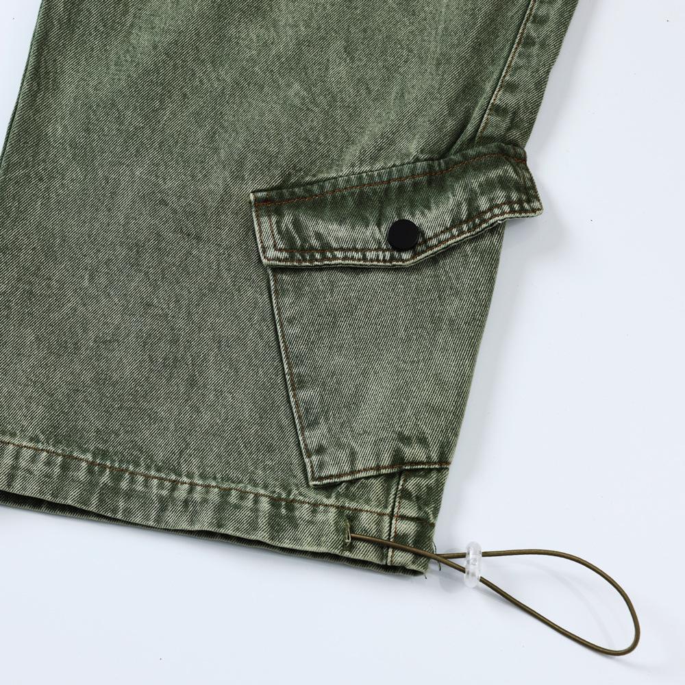 Wide-Leg Tooling Jeans Men's Trendy Brand High Street Multi-Pocket Washed Leg Drawstring Wide-Leg Pants