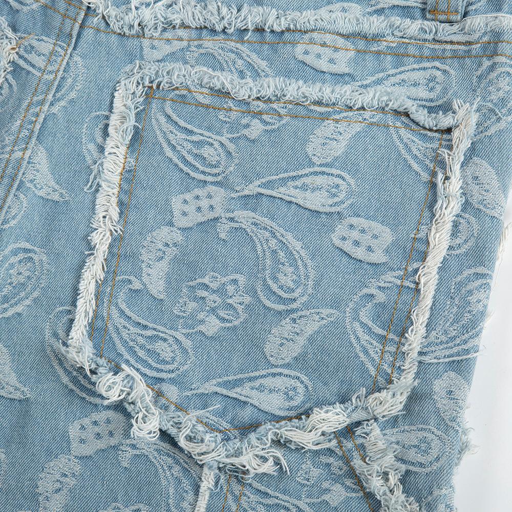 Cashew Flower Slave Jeans Men's Trendy Fashionable All-over Jacquard Cat Whiskers Burr Edge Loose Casual Horn Trousers