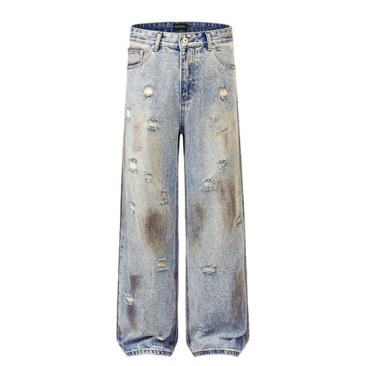 Dirty Dyed Washed Old Ripped Jeans Men's High Street American Style Fashion Brand Straight Pants Loose Wide-leg Long Pants