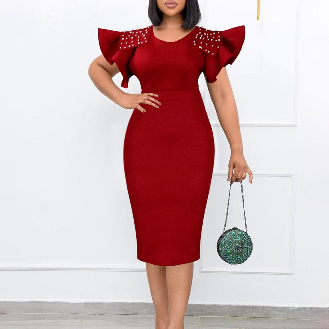 AB10ATE D353 Foreign Trade Plus Size Women's 2023 Summer New Round Neck Lotus Sleeve Split Beaded Dress European And American Dress