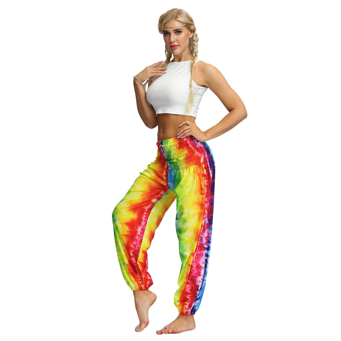 Source Manufacturers Tie-dye Women's Loose Plus Size Yoga Pants European And American Fashion Belly Dance Bloomers Fitness Dance Pants