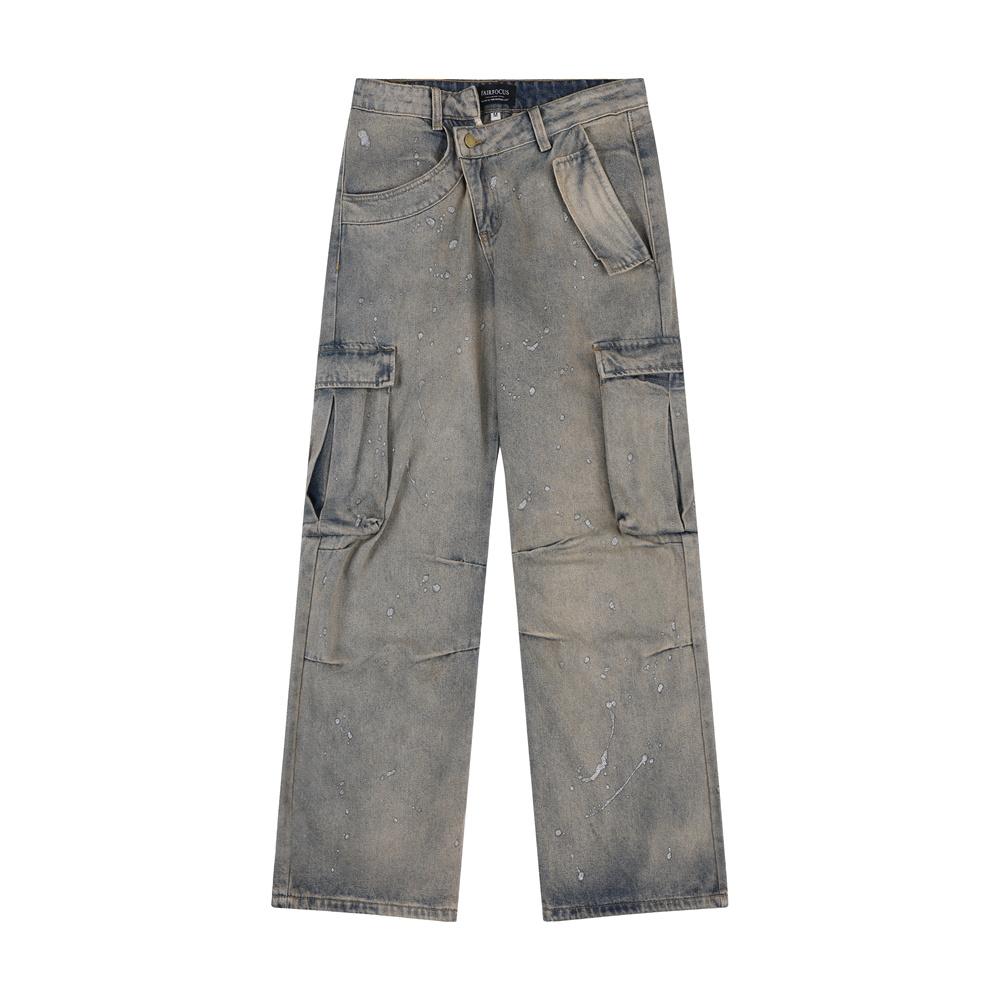 Niche Design Sense National Fashion Workwear Denim Wide Leg Pants Men's High Street Wash Water Do Old Splash Straight Pants