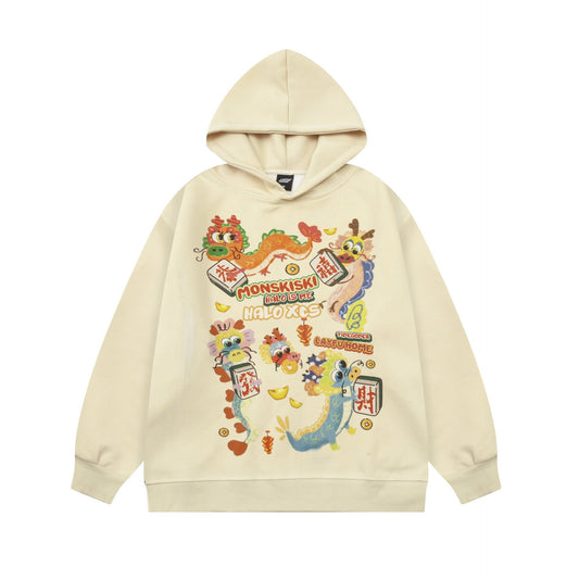 American Retro Hooded Sweater 2024 New Cartoon Year Of The Dragon Printed Hoodie Loose Sweater