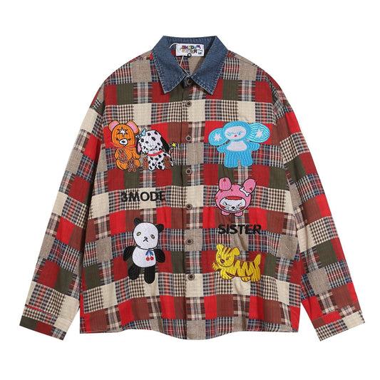 Vintage Cartoon Embroidered Denim Collar Patchwork Plaid Long-sleeved Shirt Men's Autumn Loose Trendy Brand Shirt