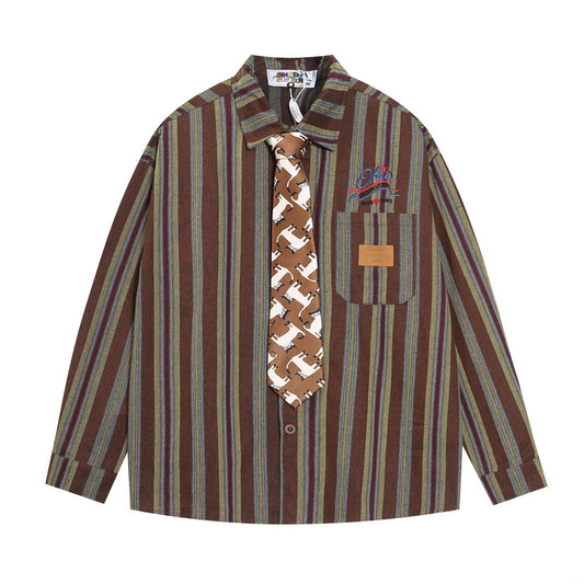 Vintage Ins Embroidered Vertical Stripe Tie Long-sleeved Shirt Autumn Niche Design All-match Shirt