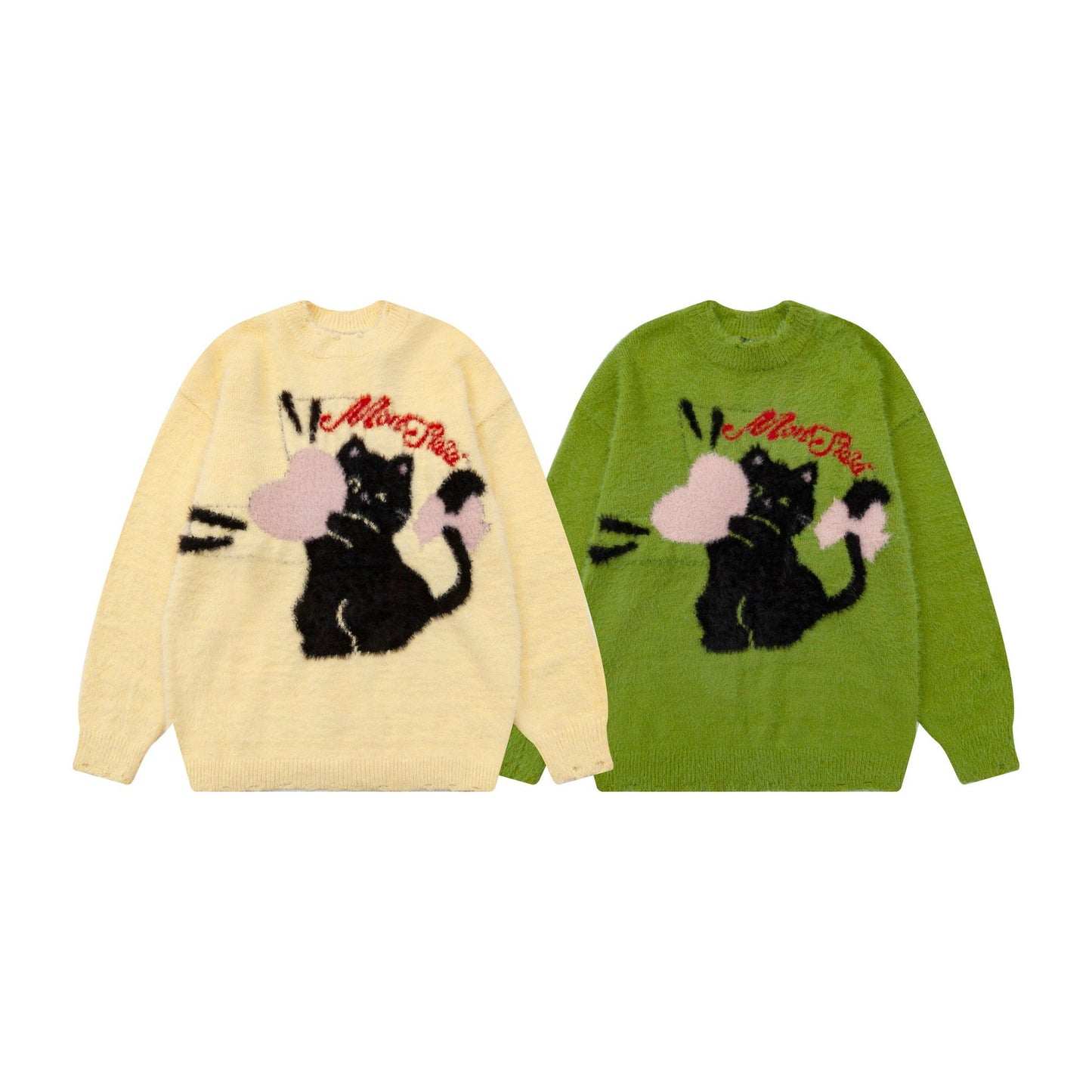 American Style Retro Cartoon Cat Jacquard Sweater Crewneck Oversize Soft Casual Knit Sweater