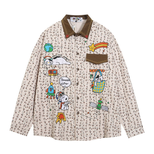 Japanese Style Vintage Contrast Cartoon Embroidered Long-sleeved Shirt Men's And Women's Autumn Loose Casual Couple Shirt