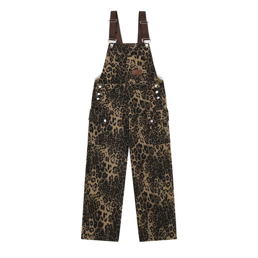 Leopard Print Overalls American Style Street Style Men's Loose Casual Straight Leg Wide Leg Jumpsuit Trousers