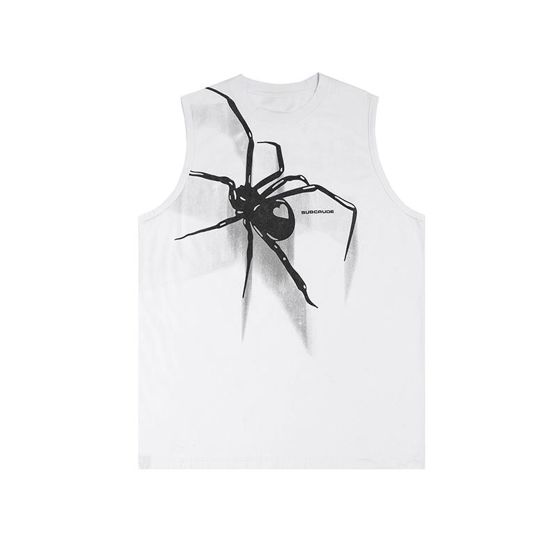 Tank Top Sleeveless Spider Graphic Round Neck Black White Cotton T Shirt Loose Basketball Breathable Tees