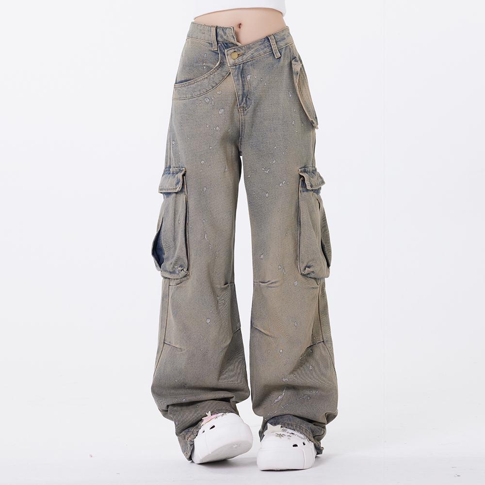 Niche Design Sense National Fashion Workwear Denim Wide Leg Pants Men's High Street Wash Water Do Old Splash Straight Pants