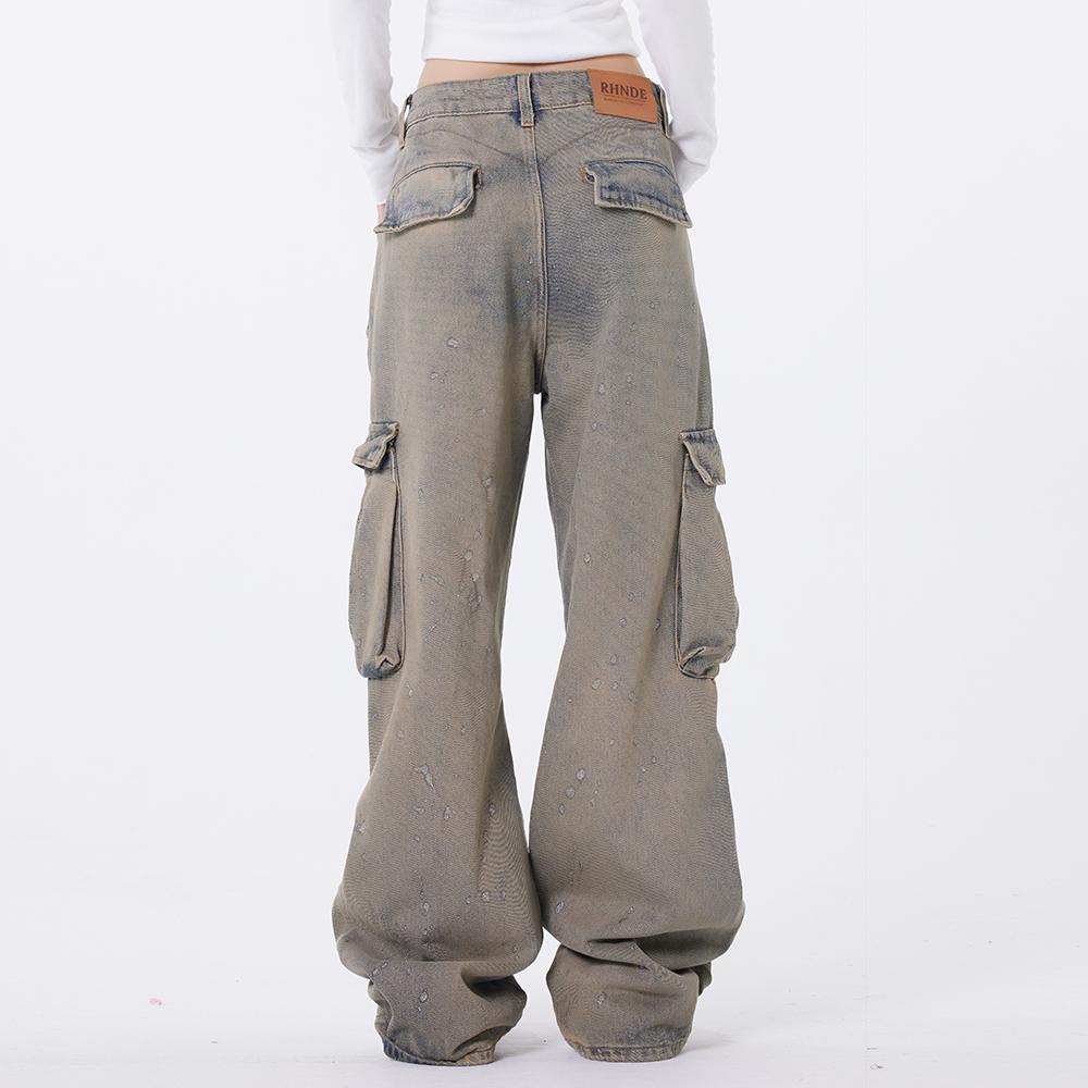 Niche Design Sense National Fashion Workwear Denim Wide Leg Pants Men's High Street Wash Water Do Old Splash Straight Pants