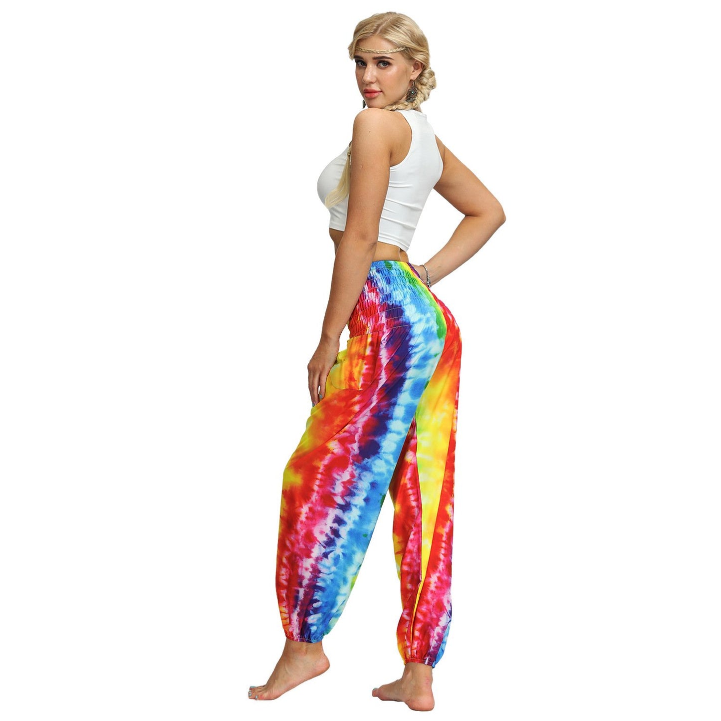 Source Manufacturers Tie-dye Women's Loose Plus Size Yoga Pants European And American Fashion Belly Dance Bloomers Fitness Dance Pants