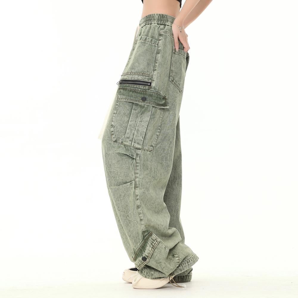 Wide-Leg Tooling Jeans Men's Trendy Brand High Street Multi-Pocket Washed Leg Drawstring Wide-Leg Pants