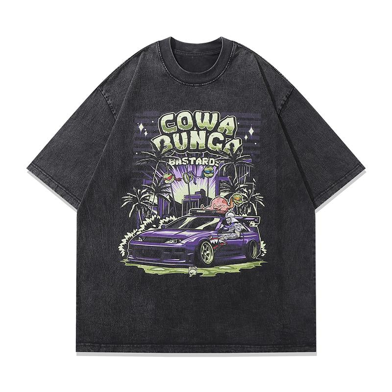 Vintage T Shirts Cotton Washed Loose Trendy Anime Car Print Tee Streetwear Round Neck Summer Short Sleeve Casual