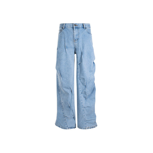 Men's Women's Autumn And Winter Urban Pleated Washed Blue Twisted Pants Unisex Straight Jeans