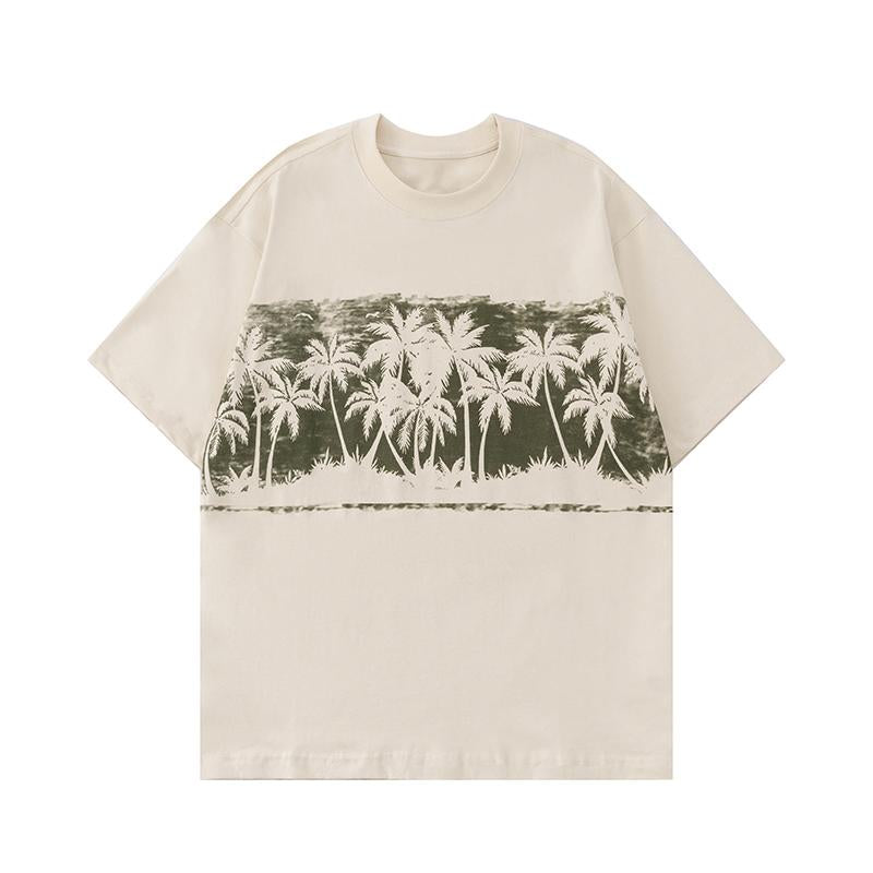 Streetwear T Shirts Oversize Coconut Tree Graphic Loose Short Sleeve Cotton Tee Casual O Neck Summer Simple Design