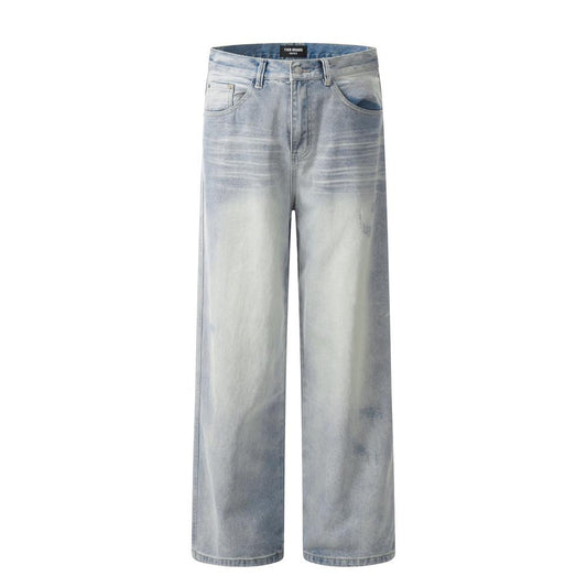 Punk Gradient Wash White Denim Straight Trousers High Street Men's Fashion Ripped Holes Old Wear Loose Wide Leg Pants