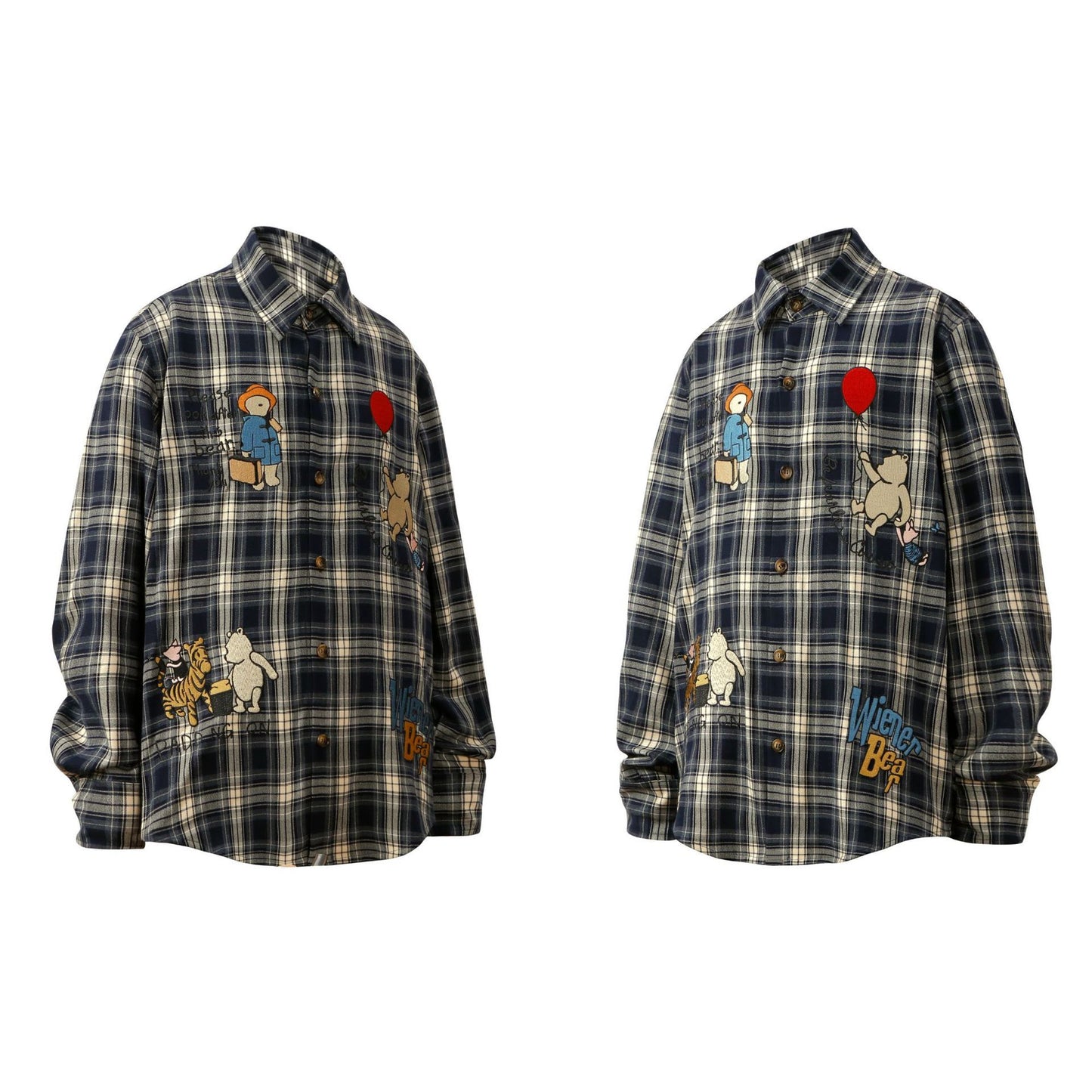 American Style Retro Street Brand Cartoon Embroidered Plaid Shirt For Men And Women Couple Loose All-match Shirt