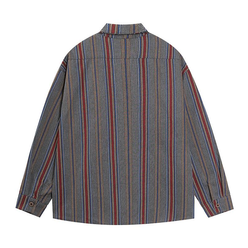 American Style Vintage Vintage Figure Embroidered Tie Vertical Stripe Long Sleeve Shirt Men's Trendy Brand Shirt