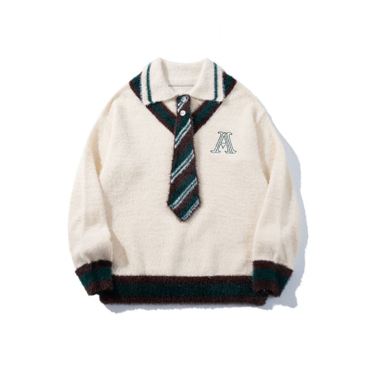 Vintage Cityboy Tie Decorative Lasel Sweater Unisex Ins College-style Loose Knit Sweater