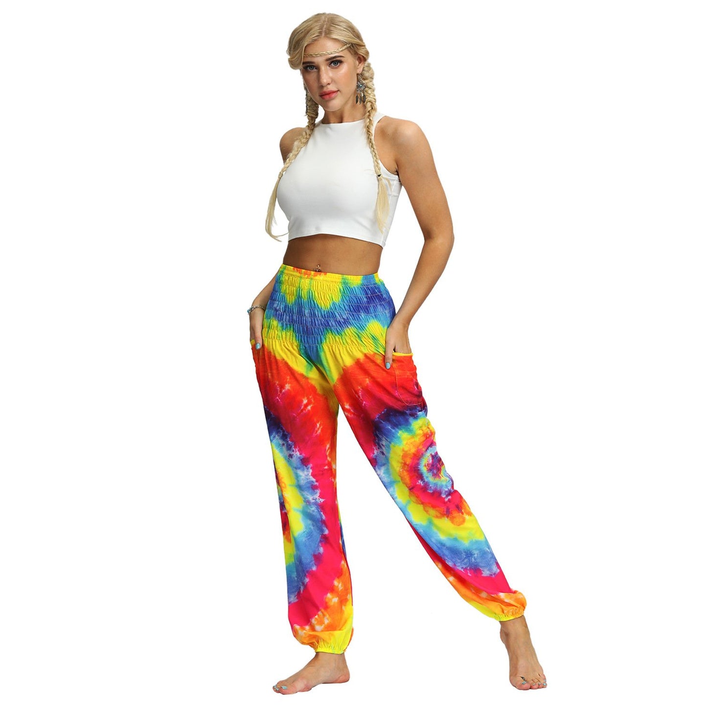 Source Manufacturers Tie-dye Women's Loose Plus Size Yoga Pants European And American Fashion Belly Dance Bloomers Fitness Dance Pants