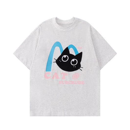 Streetwear T Shirts Oversize Cat Graphic Loose Short Sleeve Cotton Tee Casual O Neck Summer Simple Design