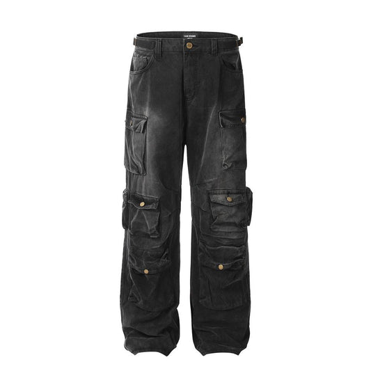 Multi-pocket Crane Pants Men's Spray-painted Old Functional Tactical Pants American High Street Design Sense Straight Denim Pants