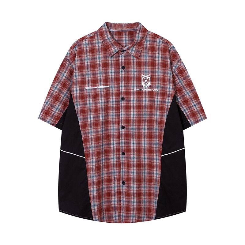 Plaid Polo Color Contrast Paneled Streetwear Short Sleeve Summer Casual Fashion Lapel Button